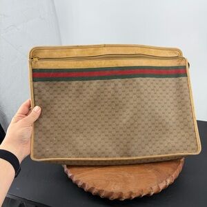 GUCCI Micro GG Supreme Web Sherry Line Briefcase tan leather trim laptop sleeve